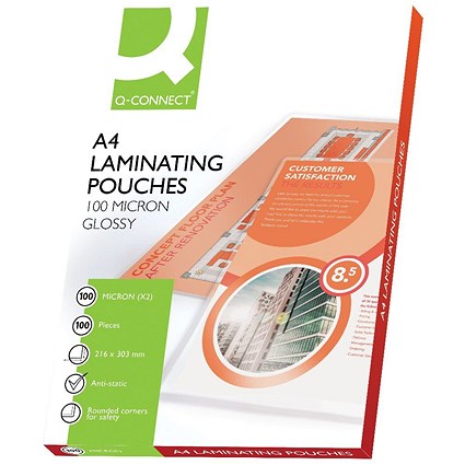 Q-Connect A4 Laminating Pouches, 200 Microns, Glossy, Pack of 100