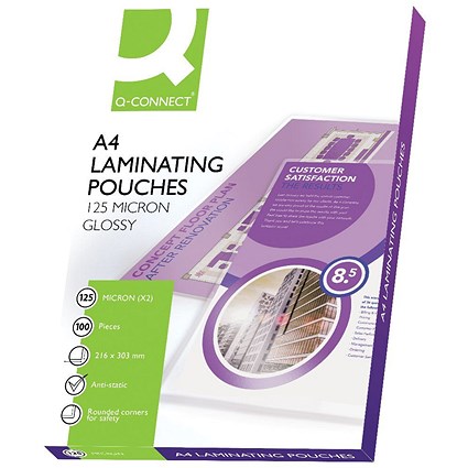 Q-Connect A4 Laminating Pouches, Medium, 250 Micron, Glossy, Pack of 100