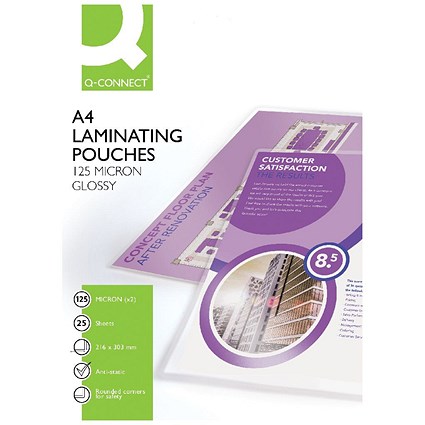 Q-Connect A4 Laminating Pouches, 250 Microns, Glossy, Pack of 25