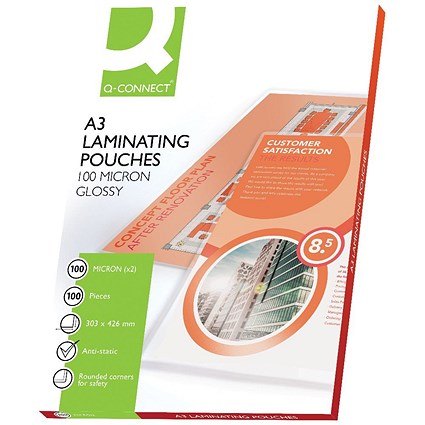 Q-Connect A3 Laminating Pouches, 200 Microns, Glossy, Pack of 100