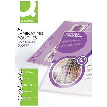 Q-Connect A3 Laminating Pouches, 250 Microns, Glossy, Pack of 25