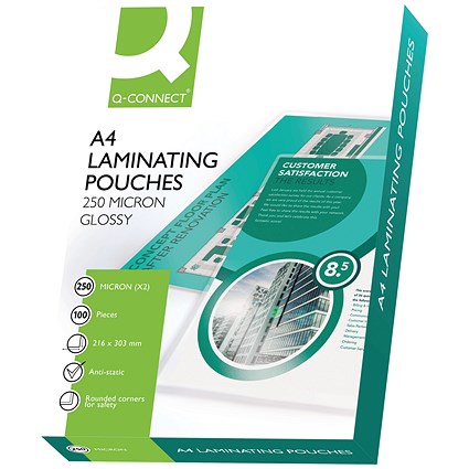 Q-Connect A4 Laminating Pouches, 500 Micronss, Glossy, Pack of 100