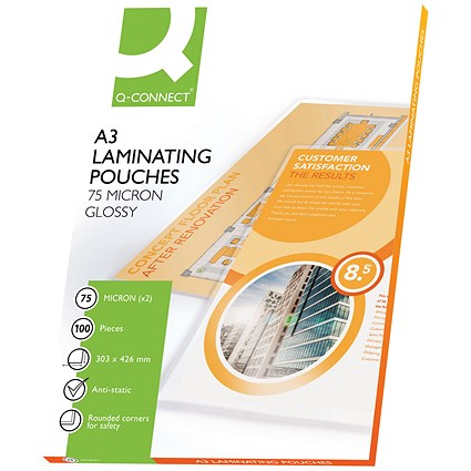 Q-Connect A3 Laminating Pouches, 150 Microns, Glossy, Pack of 100