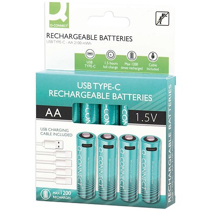 Q-Connect USB C Rechargeable Lithium AA Batteries, Pack of 4 Q-Connect USB C Rechargeable Lithium AA Batteries, Pack of 4