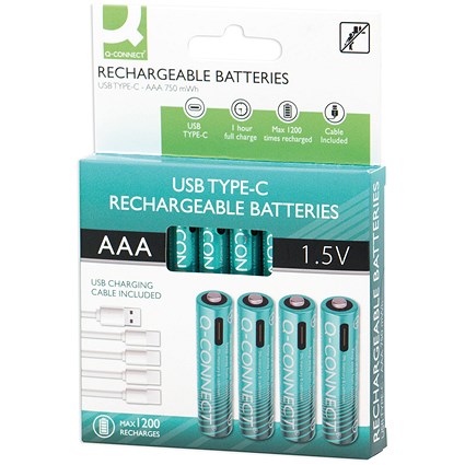 Q-Connect USB C Rechargeable Lithium Batteries Micro AAA (Pack of 4)