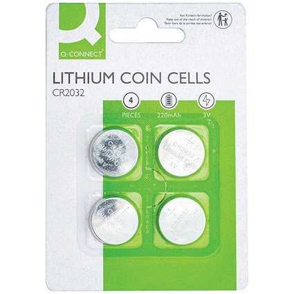 Q-Connect CR2032 Lithium Coin Cell Batteries, Pack of 4