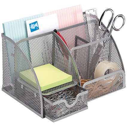 Q-Connect Curved Mesh Desktop Organiser, 7 Compartments, Silver