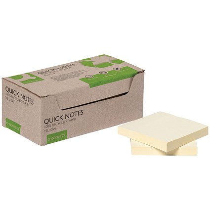 Q-Connect Recycled Notes, 76 x 76mm, Yellow, Pack of 12 x 80 Notes