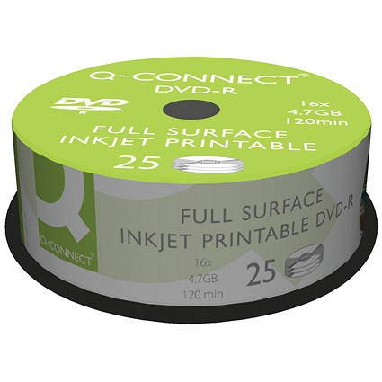 Q-Connect DVD-R Inkjet-Printable Writable Blank DVDs, Spindle, 4.7gb/120min Capacity, Pack of 25