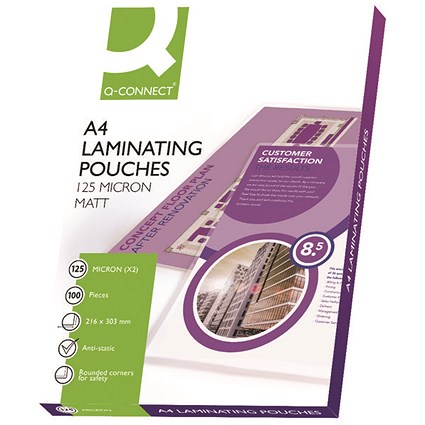 Q-Connect A4 Laminating Pouches, 250 Microns, Matt Finish, Pack of 100 Q-Connect A4 Laminating Pouches, 250 Microns, Matt Finish, Pack of 100