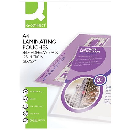 Q-Connect A4 Laminating Pouches, Self Adhesive Back, 250 Microns, Glossy, Pack of 25
