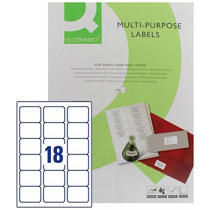 Q-Connect Multi-Purpose Labels, 18 Per Sheet, 63.5x46.5mm, White, 1800 Labels