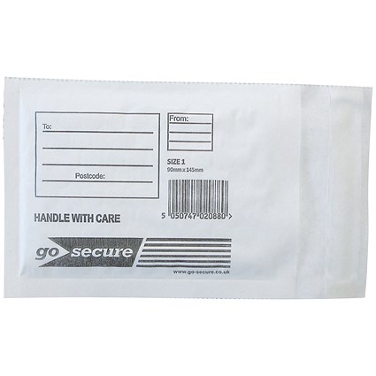 GoSecure Bubble Envelopes, Size 1 90x145mm, White, Pack of 100