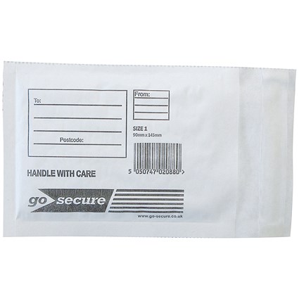 Gosecure Document Envelope GoSecure Bubble Envelopes, Size 1 90x145mm, White, Pack of 100 | Paperstone