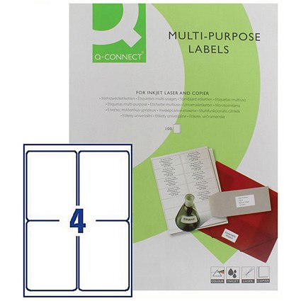 Q-Connect Multi-Purpose Labels, 4 Per Sheet, 139x99mm, White, 400 Labels