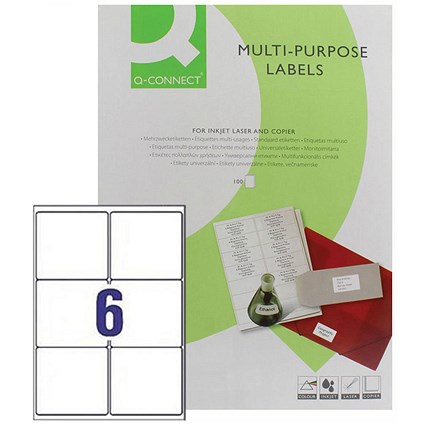 Q-Connect Multipurpose Labels, 99.1x93.1mm, 6 Per Sheet, Pack of 100 Sheets