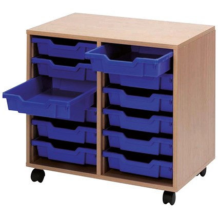 Jemini Mobile Storage Unit / 12 Blue Trays / Beech