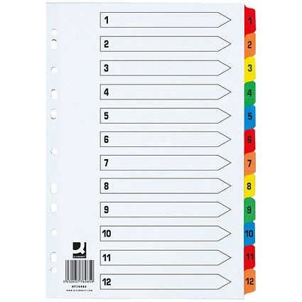 Q-Connect Reinforced Board Index Dividers, Extra Wide, 1-12, Multicolour Tabs, A4, White