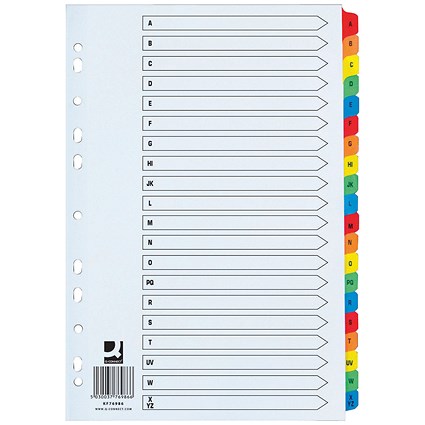 Q-Connect Reinforced Board Index Dividers, Extra Wide, A-Z, Multicolour Tabs, A4, White