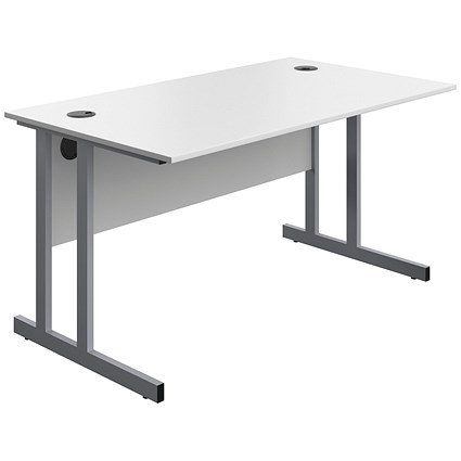 Serrion 1400mm Rectangular Desk, Silver Double Cantilever Legs, White