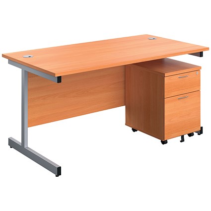 First 1600mm Rectangular Desk, Silver Cantilever Legs, Beech, With 2 Drawer Mobile Pedestal