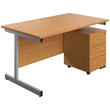 First 1600mm Rectangular Desk, Silver Cantilever Legs, Oak, With 3 Drawer Mobile Pedestal