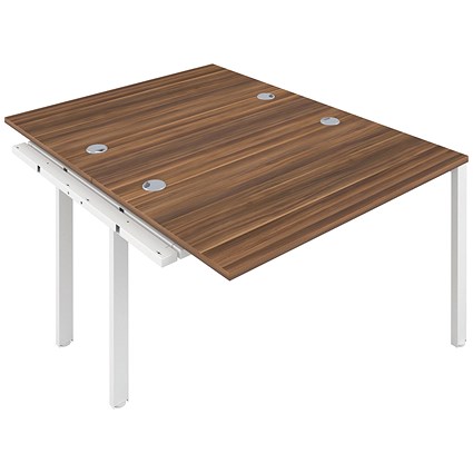 Jemini 2 Person Bench Desk Extension, Back to Back, 2 x 1200mm (800mm Deep), White Frame, Walnut Jemini 2 Person Bench Desk Extension, Back to Back, 2 x 1200mm (800mm Deep), White Frame, Walnut