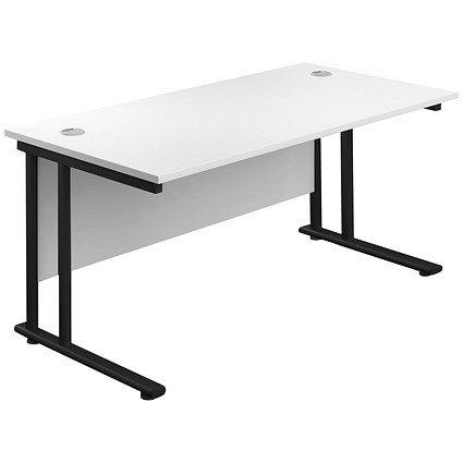 Jemini 1600mm Rectangular Desk, Black Double Upright Cantilever Legs, White