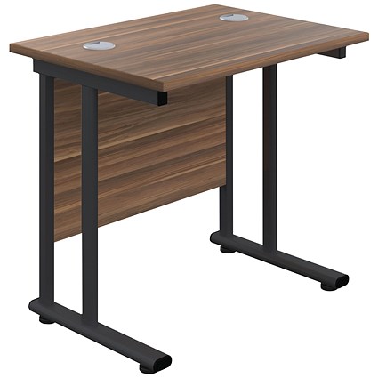 Jemini 800mm Slim Rectangular Desk, Black Double Upright Cantilever Legs, Walnut