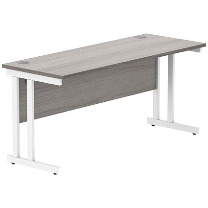 Polaris 1600mm Slim Rectangular Desk, White Cantilever Leg, Grey Oak