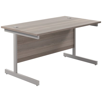 Jemini Rectangular Desk, 1400mm Wide, Silver Cantilever Legs, Grey Oak