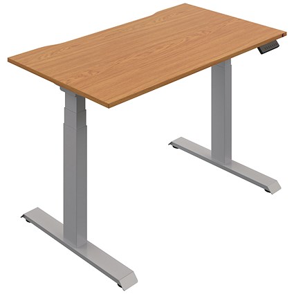 Okoform Height-Adjustable Heated Desk, Silver Leg, 1600mm, Oak