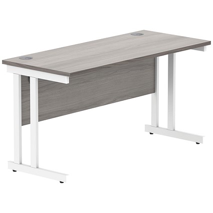 Polaris 1400mm Slim Rectangular Desk, White Cantilever Leg, Grey Oak