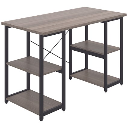Soho Desk with Straight Shelves, 1200mm, Grey Oak Top, Black Leg