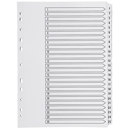 Q-Connect Reinforced Board Index Dividers, 1-25, Clear Tabs, A4, White