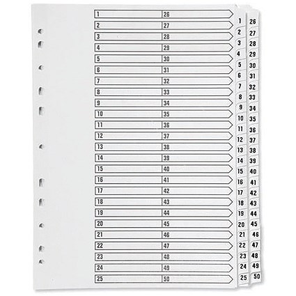 Q-Connect Reinforced Board Index Dividers, 1-50, Clear Tabs, A4, White