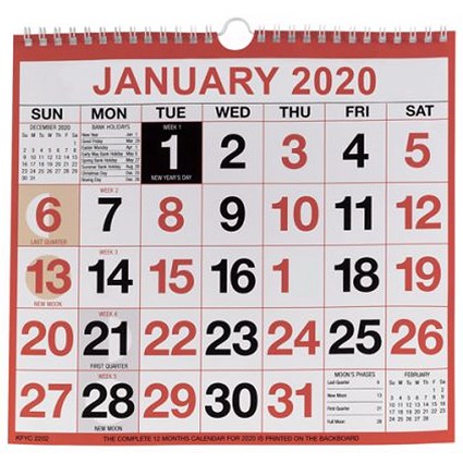 Wirebound 2020 Monthly Calendar - 249 x 231mm