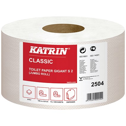Katrin Mini Jumbo Toilet Roll 2-Ply 61mm Core Refill (Pack of 12) 2504
