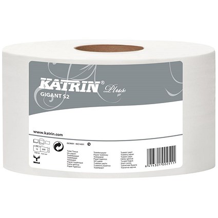 Katrin Giant Toilet Roll, 2-Ply, 60mm Core Refill, Pack of 12 Katrin Giant Toilet Roll, 2-Ply, 60mm Core Refill, Pack of 12