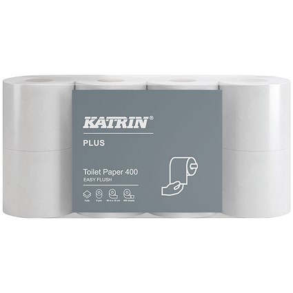 Katrin Plus Easyflush White Toilet Paper Roll, 2-Ply, 400 Sheets, Pack of 40