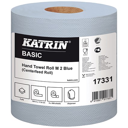 Katrin Classic Centrefeed Hand Towel, 2-Ply, Blue, Pack of 6