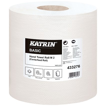 Katrin Basic 2-Ply Hand Towel Roll, White, Pack of 6