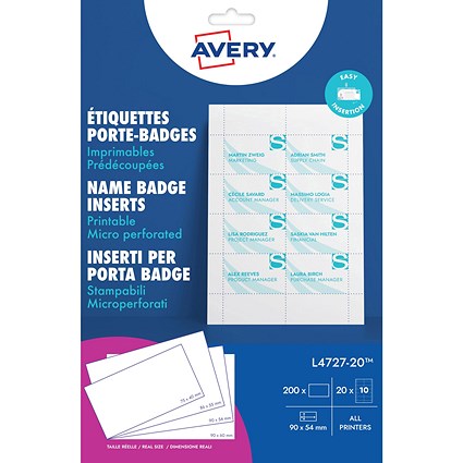 Avery Microperforated Printable Inserts 90mm x 54mm All Printers 200 Labels/20 sheet (Pack 200 Labels) - L4727-20