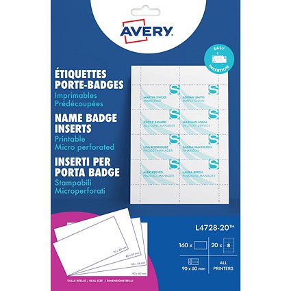 Avery Microperforated Printable Inserts 90mm x 60mm All Printers 160 Labels/20 Sheet (Pack 160 Labels) - L4728-20