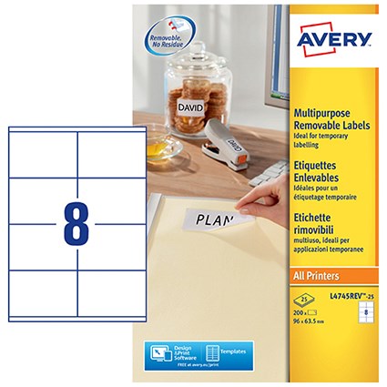 Avery Multipurpose Mini Removable Label 96x63.5mm 8 Per A4 Sheet White (Pack 200 Labels) L4745REV-25