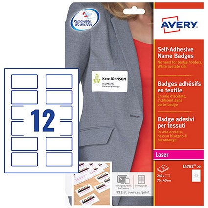 Avery Self Adhesive Name Badges 75mm x 40mm Laser Acetate Silk 240 Labels/20 Sheets (Pack 240 Labels) - L4782-20