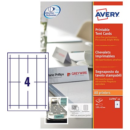 Avery Printable Tent Card 120x45mm 4 Per Sheet 190gsm White (Pack 40) L4794-10