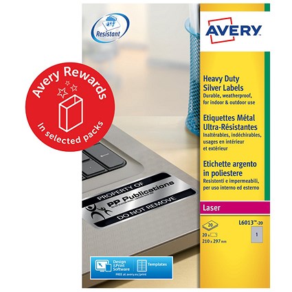 Avery Resistant Labels 210mm x 297mm Permanent 1 Label per Sheet (Pack 20 Labels) - L6013-20.UK