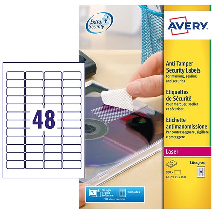 Avery Laser NoPeel Anti-Tamper Permanent Label 46x21mm 48 Per A4 Sheet White (Pack 960 Labels) L6113-20