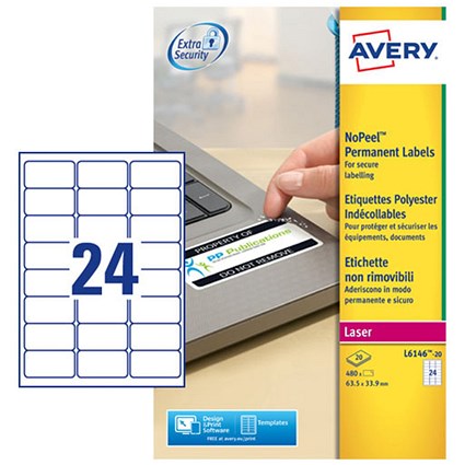 Avery Laser NoPeel Anti-Tamper Permanent Label 63.5x34mm 24 Per A4 Sheet White (Pack 480 Labels) L6146-20
